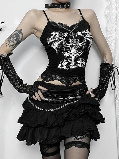 AltGoth Gothic Punk Camis Women Streetwear Harajuku Y2k Grunge Graphic Bat Printed Lace Patchwork Crop Tank Top with Chain Femme