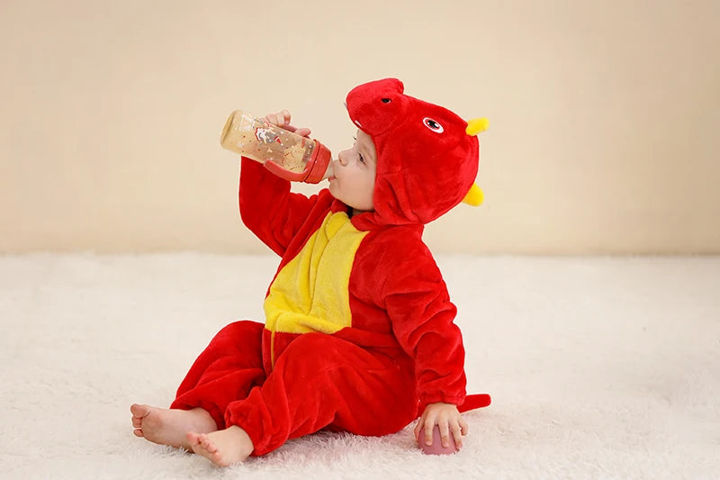 Baby Winter Rompers - Soft Polyester Hooded Jumpsuit With Animal Pattern, Machine Washable