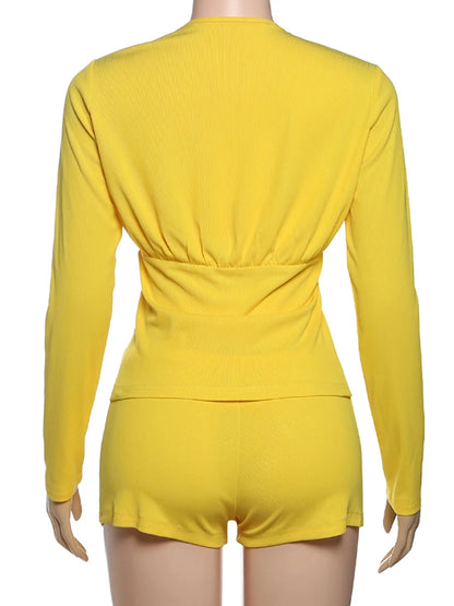 kliou Ribbed Casual Women 2 Piece Set Autumn New Full Sleeve V-neck Single Breasted Tops+Slim Shorts Mujer Daily Street Outfits