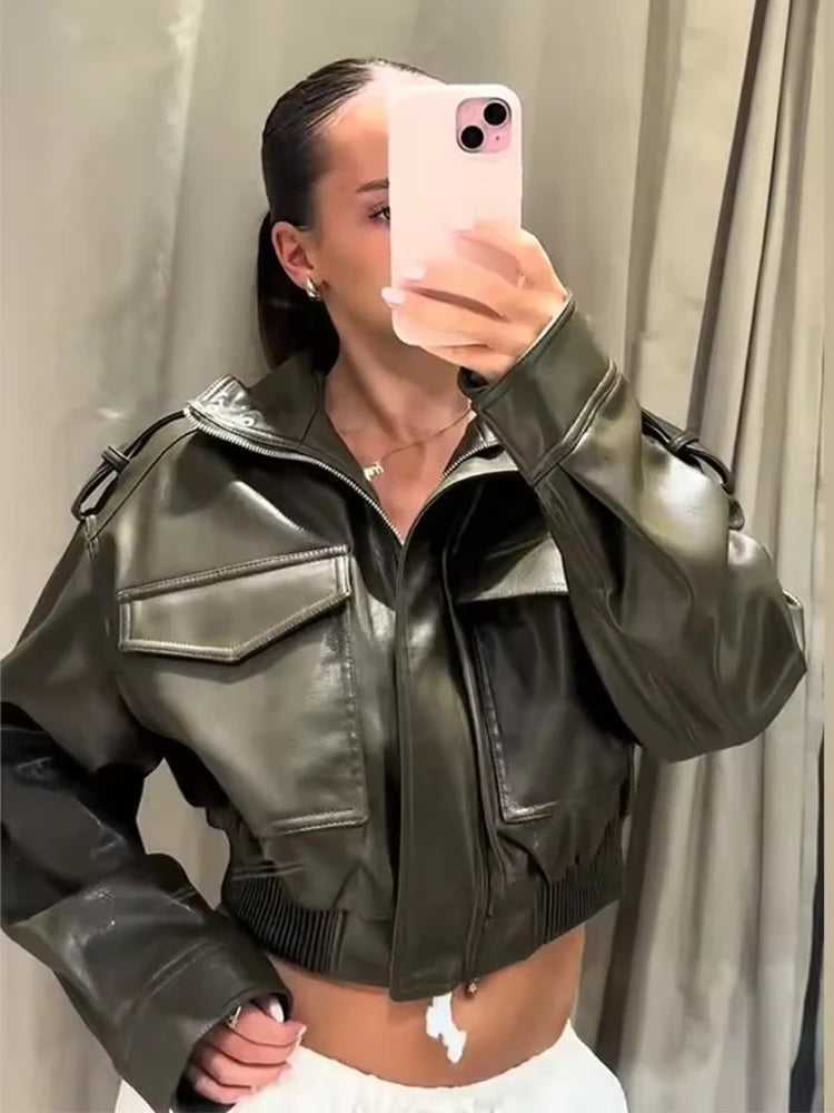 Faux Leather Jackets - Women's Casual Zipper Outerwear Coats With Turtleneck Collar