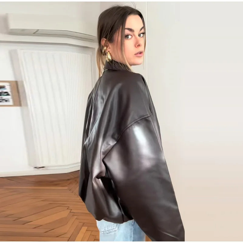 Vintage Leather Bomber Jacket – Women's PU Leather Zip Jacket With Belt & Patchwork Design
