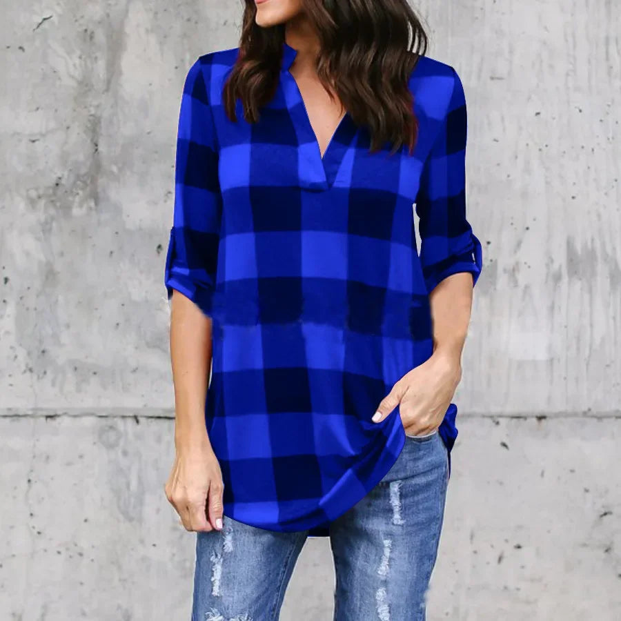 Fashion Plaid V-neck T-Shirt Woman Top Summer T Shirt Women Clothes  Ladies Tops Casual Beach Sun Blusas