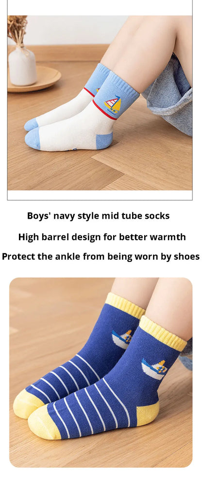 5 Pairs Of New Autumn And Winter Childrens Socks Striped Sailboat Boys Socks 4 to 8 Year Old Socks