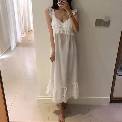 Summer Womens Princess Dress White Sleeveless Sleepshirts Vintage Lady Girls Nightgowns Nightdress Royal Style Pajamas Sleepwear