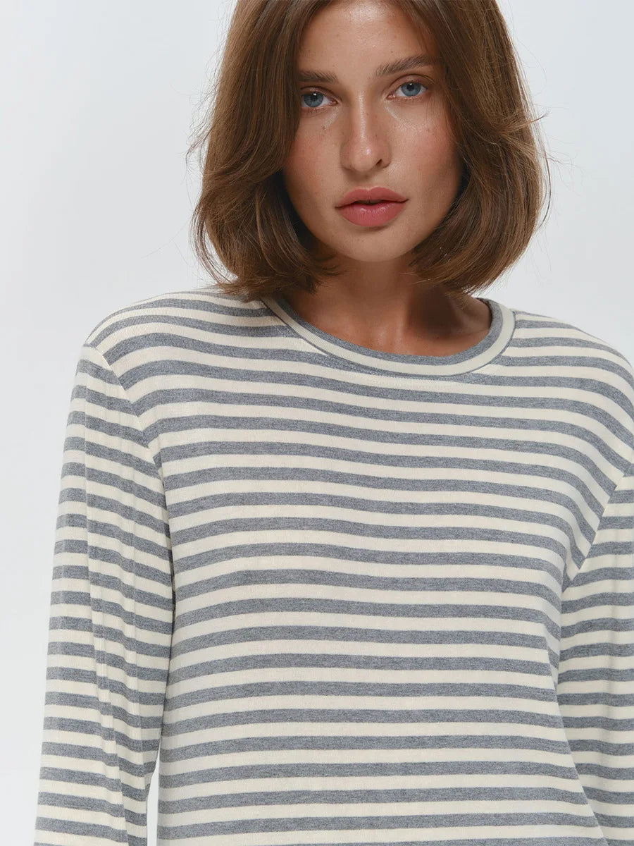 Bornladies Autumn New Fashion Women Cotton Striped Long Sleeve T Shirt Office Casual Simple Round Neck Pullover Tops & Tees