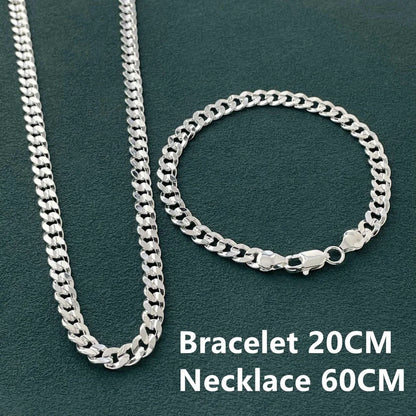 Hot high quality 925 Sterling silver charm 7MM Chain bracelets neckalces jewelry set for man women fashion Party wedding gifts