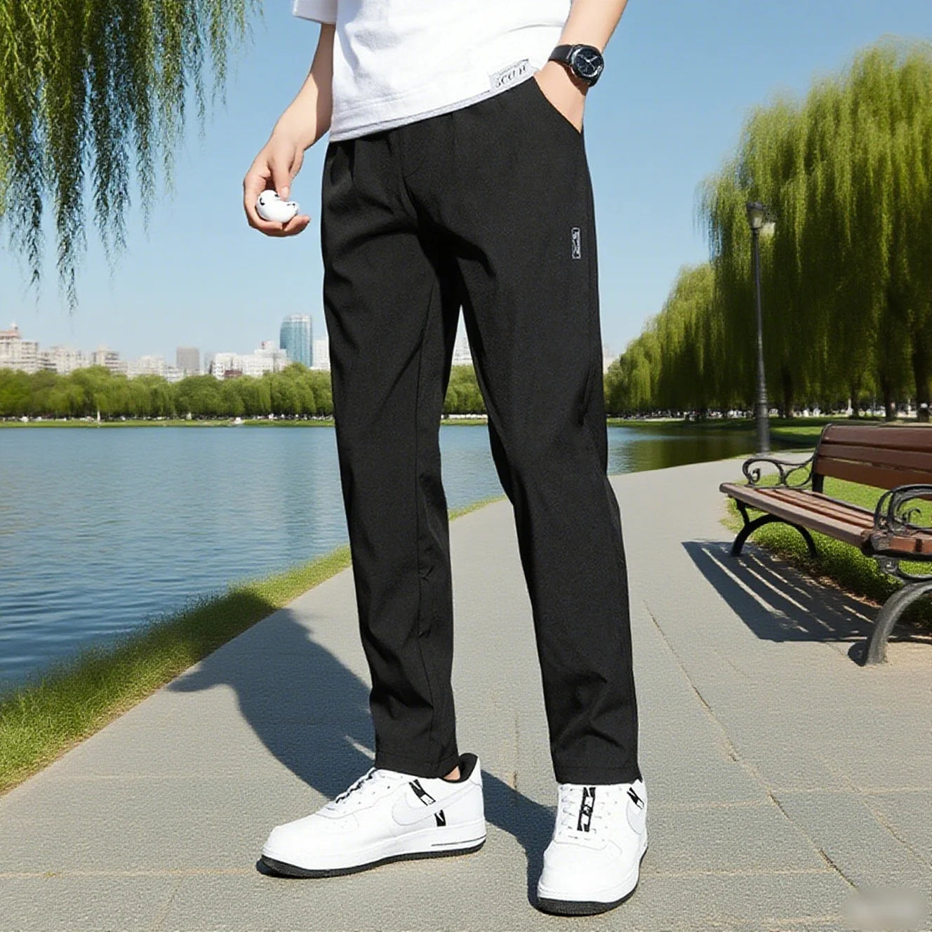 Ice Silk Male Pants 2026 Summer New Black Gray Thin Business Casual Pants Outdoor Elastic Breathable Straight Leg Sweatpants