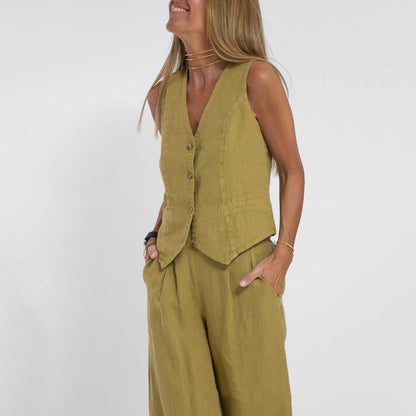 Autumn White Linen Two Piece Set For Women 2023 Fashion Sleeveless Tank Top New In Matching High Waist Wide Pants Set