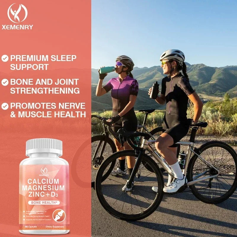 Calcium + Magnesium + Zinc + Vitamin D3 Capsules - Supports Bone and Nervous System Health and Improves Mood