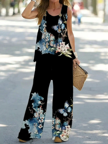 Simple Sleeveless Printed Vest Long Pants Set Women Summer Fashion Round Neck Casual T-Shirt Top Loose Pants Suit Clothes