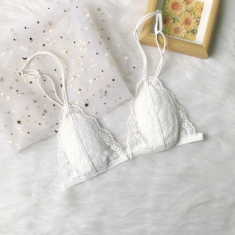 French Underwear Women's Front Buckle Triangle Cup Thin Strap Beautiful Back Thin Style Lace Summer Sexy Pure Bra for Women