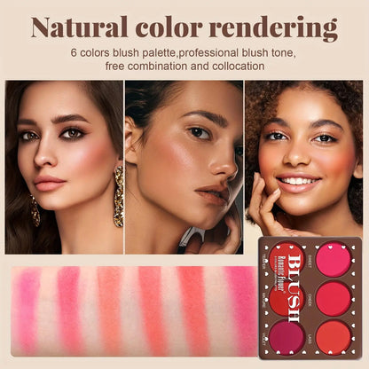6-Color Waterproof Matte Blush Palette Free Brush Buildable Medium Coverage Sweatproof&Long-Lasting Natural Finish Lightweight