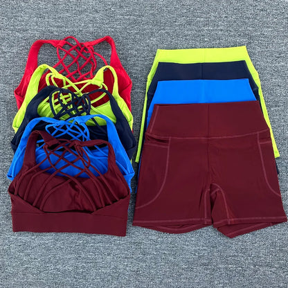 2 PCS Women's Nylon Yoga Set Sexy Sport Bra High Waist Sports Shorts Gym Fitness Sleeveless Workout Suit Sporstwear
