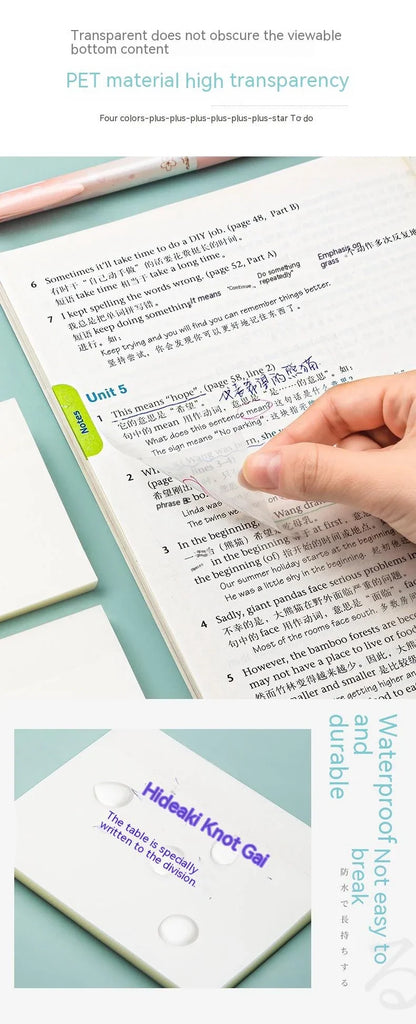 Transparent Waterproof Sticky Notes - 200 Sheets Fluorescent Notepad for School  Office
