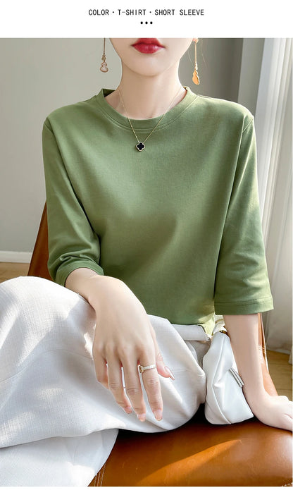 Summer Cotton Short-Sleeved T-Shirt Women's Round Neck Seven-Point Sleeves Loose Mercerized Cotton Half-Sleeve Shirt New T-shirt