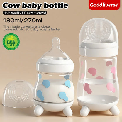180ML/270ML cute cow shaped anti bloating baby PP bottle without handle, silicone replacement nipple available for sale