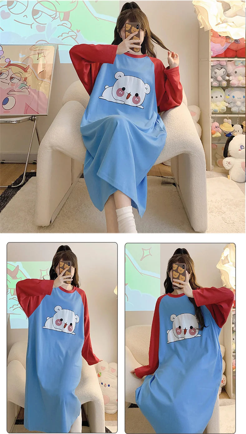 New Spring Summer Cotton Women's Pajamas Cute Long-sleeved Nightdress Cartoon Print Dress Home Service