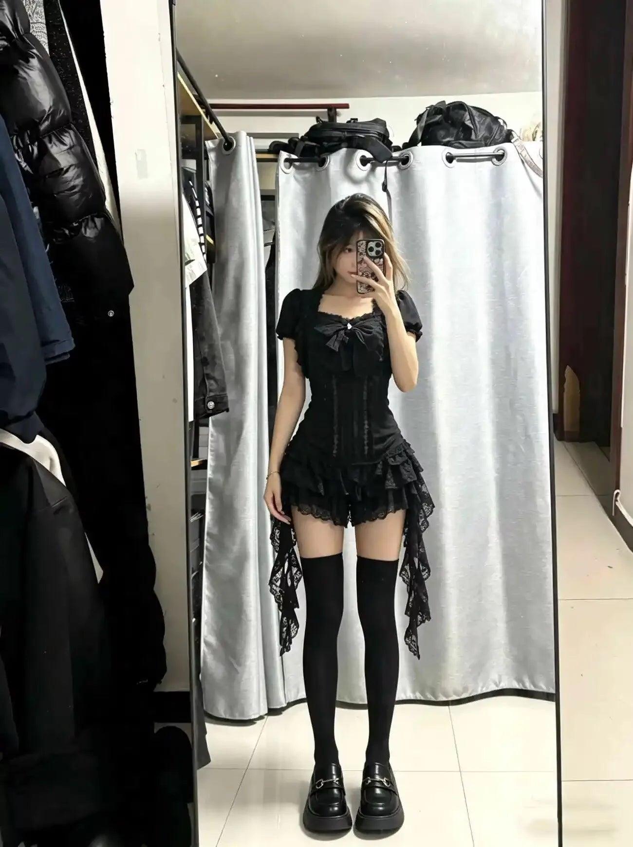 Aesthetic Gothic Lolita Black Lace 3 Piece Skirt Set Women Puff Sleeve Cardigan+Bow Cami Y2K Tops+Cake Mini Skirt Kawaii Outfit