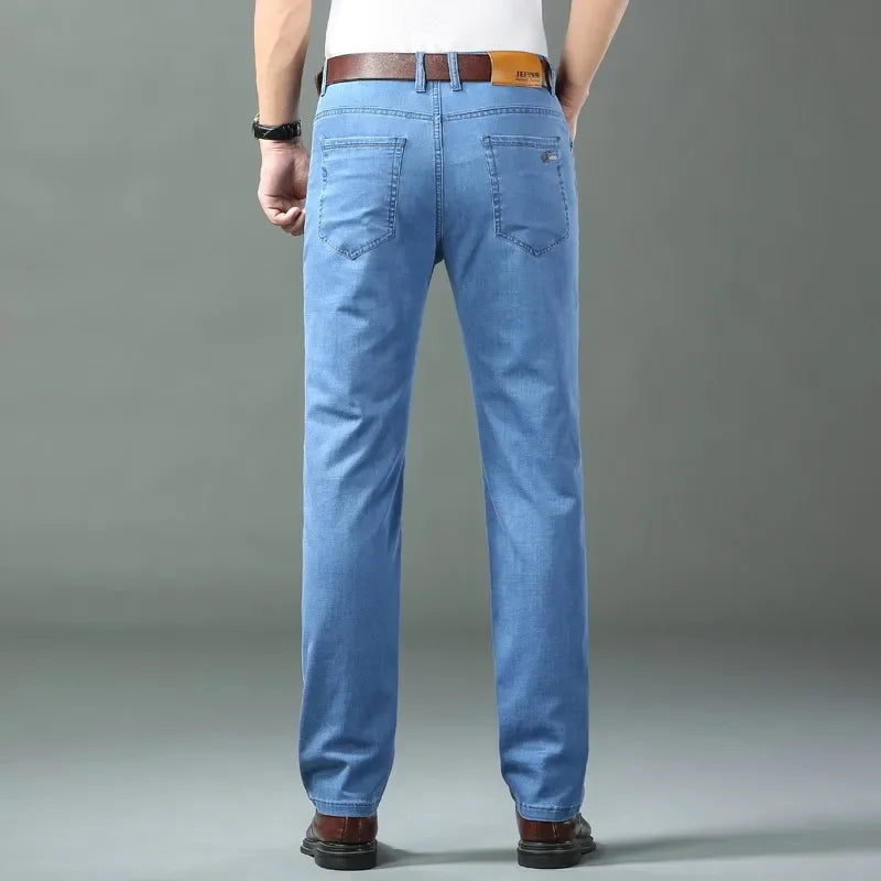 Mens Lightweight Blue Denim Jeans - Stretch Cotton Straight Pants for SpringSummer Casual Wear - ZOOMNSTORE
