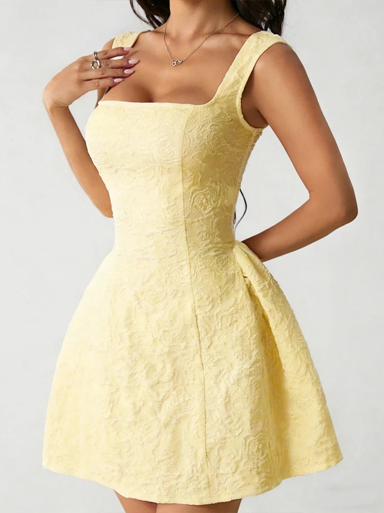 Summer New Women's Dresses Solid Sexy Sleeveless Square Neck Streetwear Fashion Floral Lace A-Line Mini Dress Female Clothing