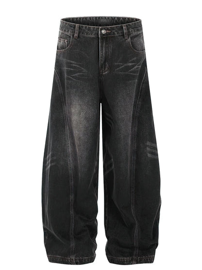 Vintage Black Washed Baggy Jeans Pants Men Wide leg Curved Blade Pants Streetwear Cowboy Casual Denim Straight Trousers