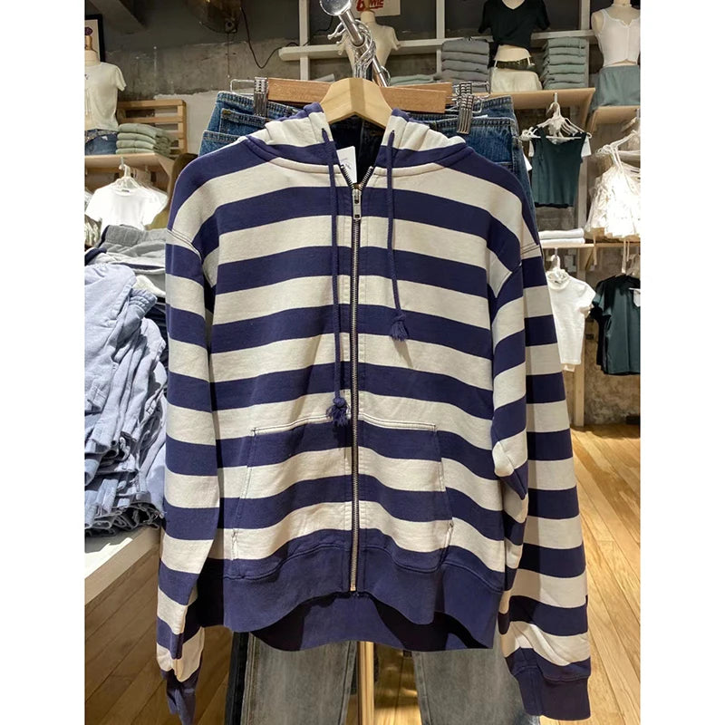 Striped Patchwork Zip-up Hoodie Autumn Cotton Pocket Drawstring Hooded Sweatshirt Women Y2k Streetwear Vintage Loose Tops Jacket
