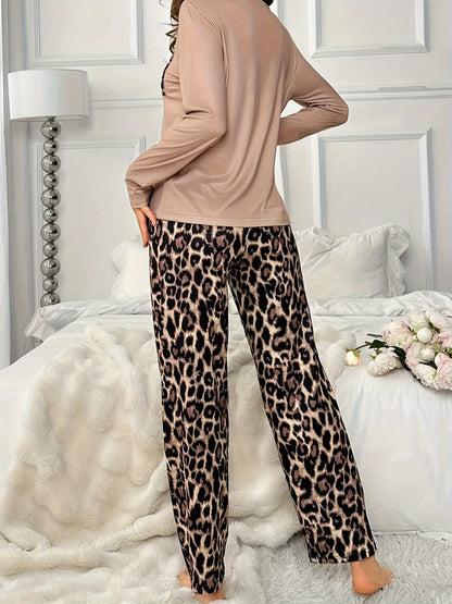 2-piece set of women's leopard-print long-sleeved casual home wear pants suitable for spring, summer, autumn and winter as pajam
