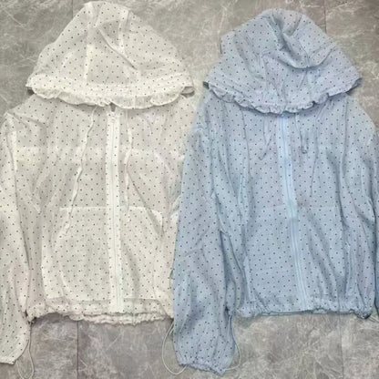 Casual Polka Dot Sun Protection Jacket Loose Fit Thin Hooded Jacket Breathable Long Bubble Sleeve Quick Dry Jacket