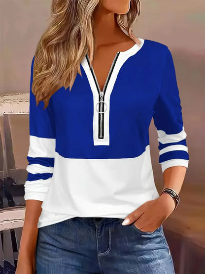 Plus Size Long Sleeve T-Shirt – Loose Fit Striped Top with Color Block Zipper