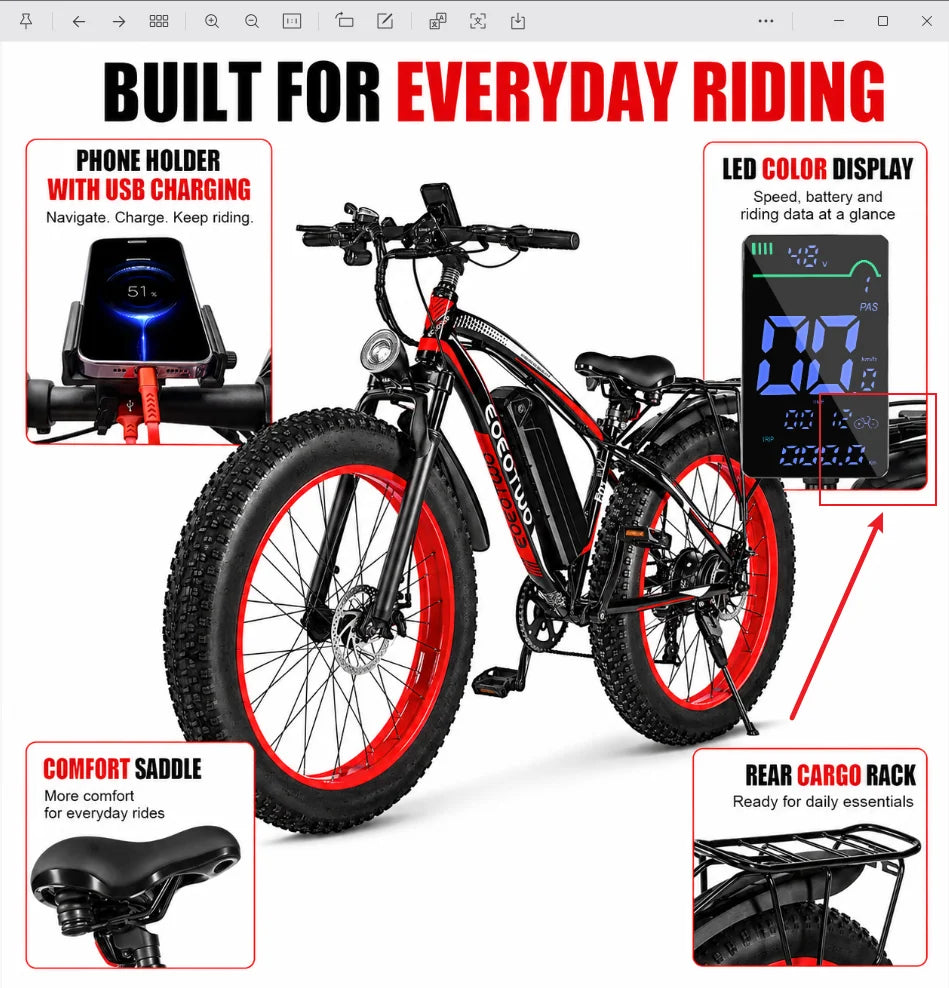 Electric Bike for Adults 1500W Peak, 34MPH 26" Fat Tire Ebike, 48V 15Ah Long Range Battery, All-Terrain Mountain Commuter E-Bike