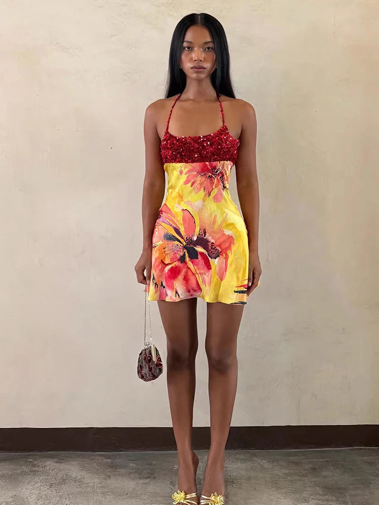 Weird Puss Floral Print Backless Dress Women Trend Halter Sequin Patchwork Bandages Sleeveless Stretch Sexy Vacation Bodycon