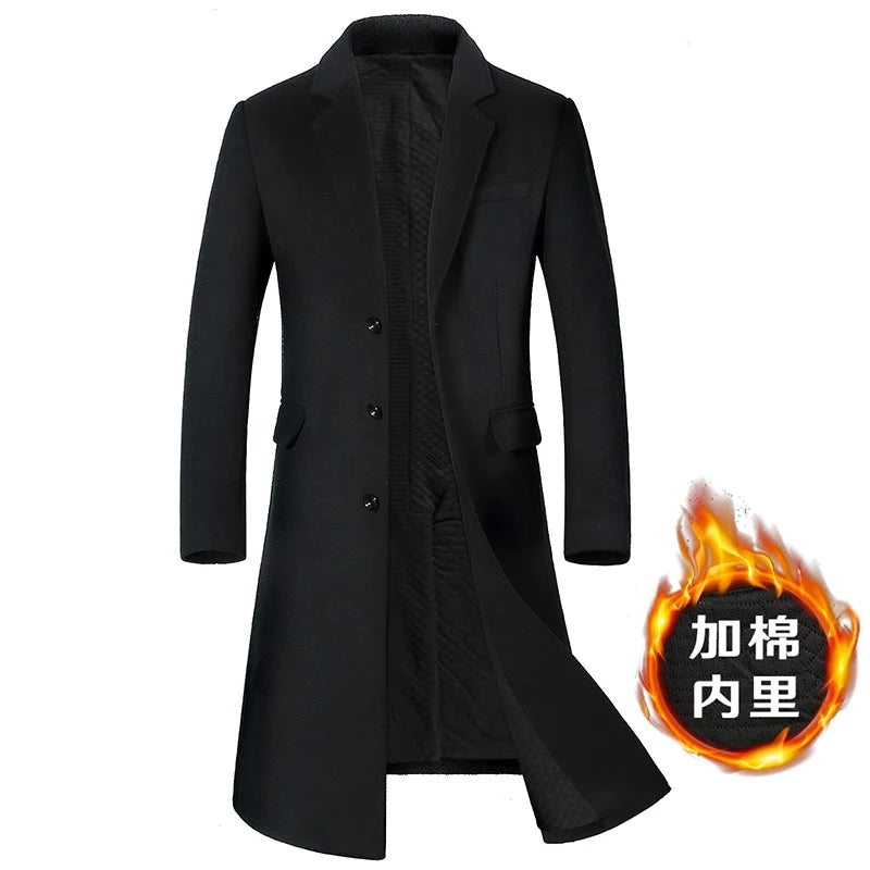 Men's Wool Coat - Thick Cotton Winter Trench Coat | Long Overcoat With Turn-Down Collar