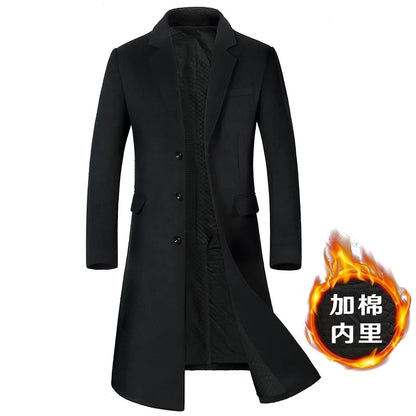 Men's Wool Coat - Thick Cotton Winter Trench Coat | Long Overcoat With Turn-Down Collar