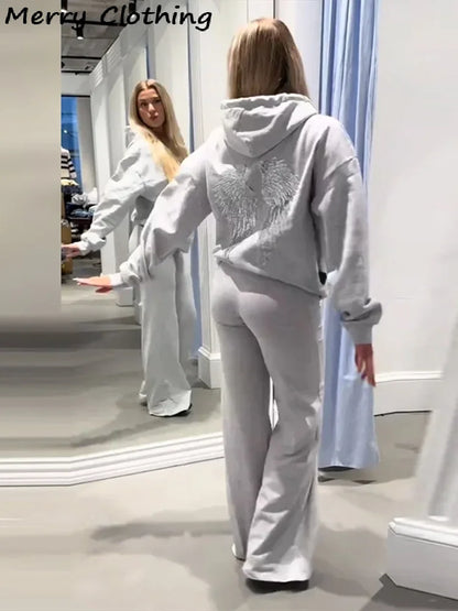 Sequin Angel's Wings Hoodies Women Chic Loose Long Sleeve Pullovers Top Slim Yoga Pant Set 2025 New Casual Lady Two Piece Sets