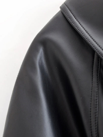 Faux Leather Trench Coat - Women's Black Belted Lapel Jacket With Zipper Closure