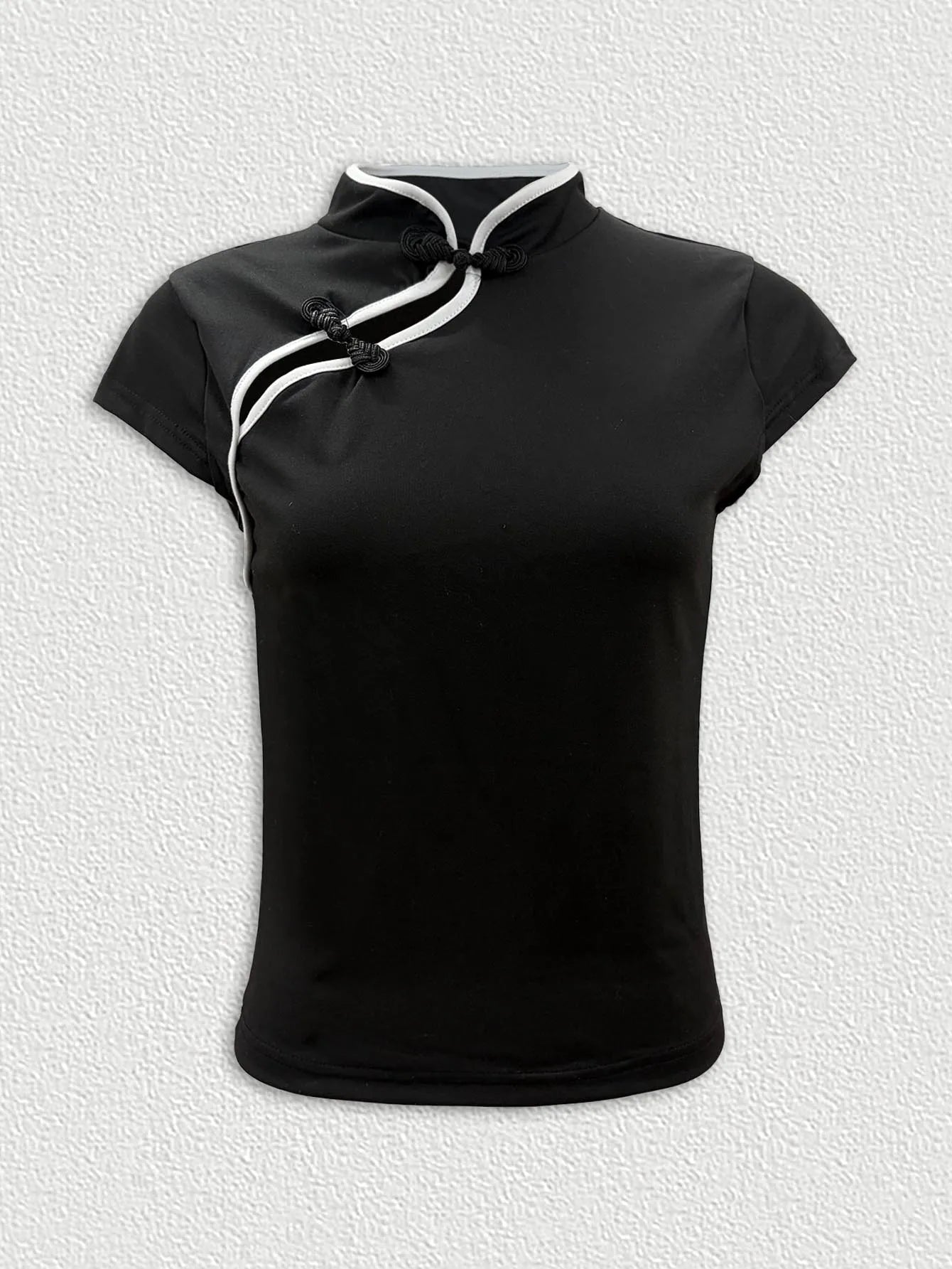 Women's Casual Daily Fashion Black Embellished Frog Button Fitted Cheongsam Style Crop Top 2026