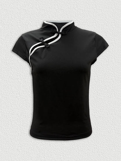 Women's Casual Daily Fashion Black Embellished Frog Button Fitted Cheongsam Style Crop Top 2026
