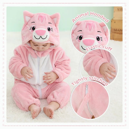 Baby Winter Rompers - Soft Polyester Hooded Jumpsuit With Animal Pattern, Machine Washable