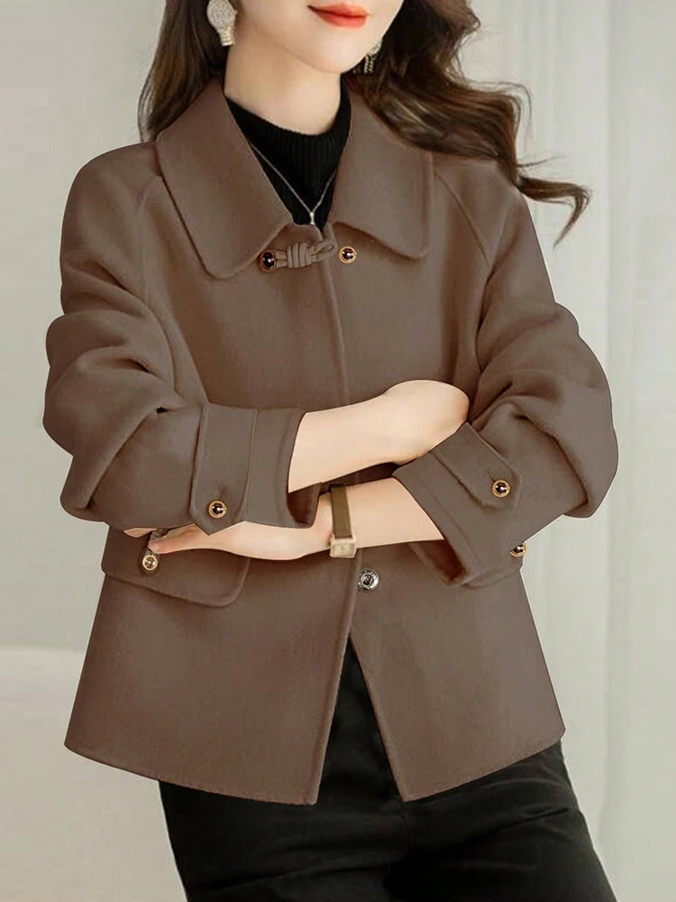 Short Coats Women – Elegant Double Breasted Formal Office Coat With Turn-Down Collar