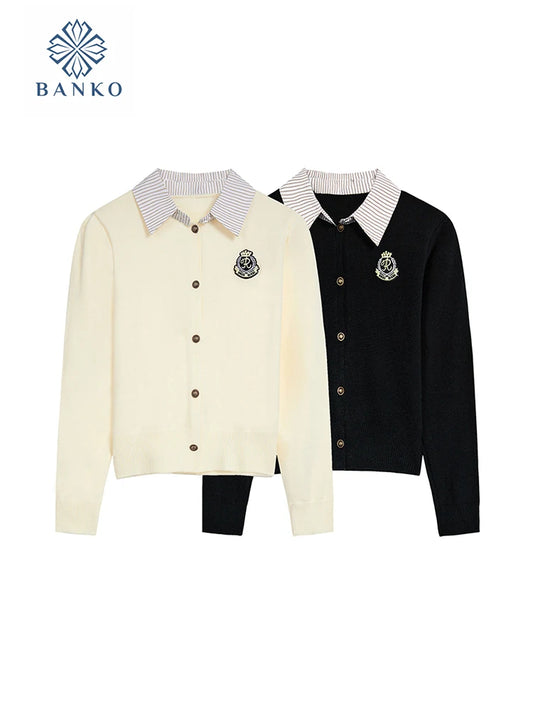 Preppy Style French Solid Color Knitted Cardigan Women Oversized Sweater Polo Collar Long Sleeve Korean Streetwear Autumn Winter
