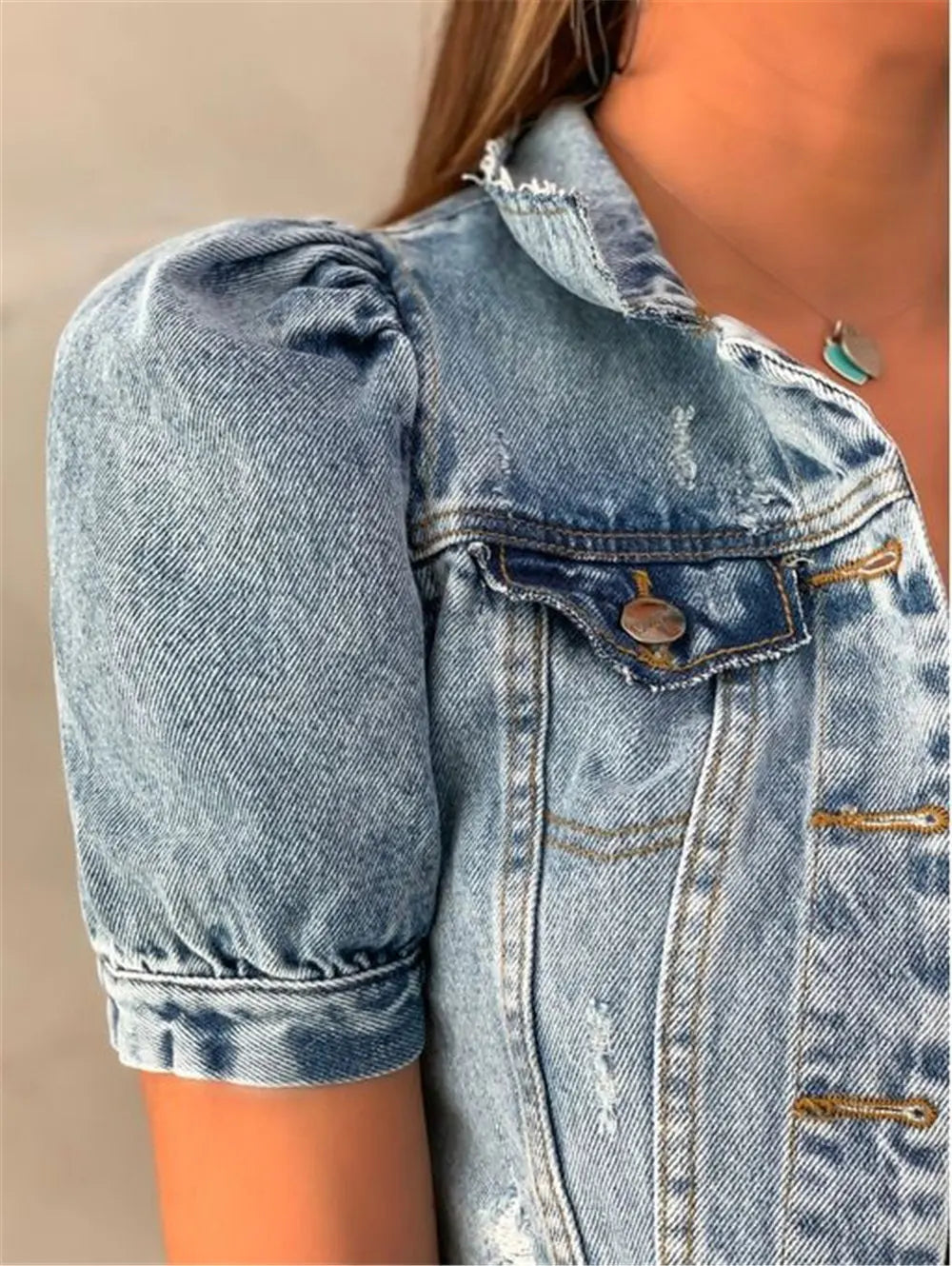 Women Crop Denim Jacket Fashion Vintage Retro Holes Puff Short Sleeve Pockets Coat Top Female Casual Short Clothes Streetwear