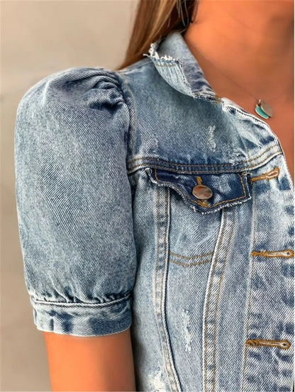 Women Crop Denim Jacket Fashion Vintage Retro Holes Puff Short Sleeve Pockets Coat Top Female Casual Short Clothes Streetwear