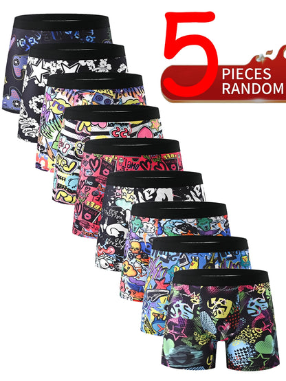 5PCS Random Men's Breathable Boxer Underwear with Colorful Graffiti Patterns Elastic Waistband Trendy and Fashionable Underwear