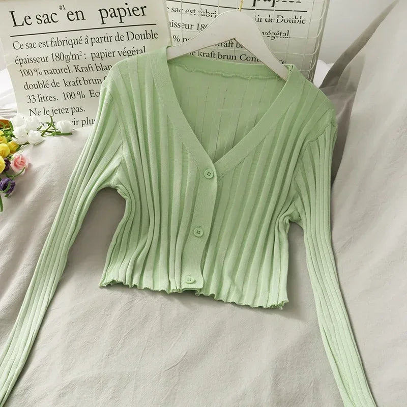 Women's Acrylic Long Sleeve V-Neck Button-Down Slim Cropped Ribbed Knit Cardigan Thin Solid Stretch Crop Top Knitwear