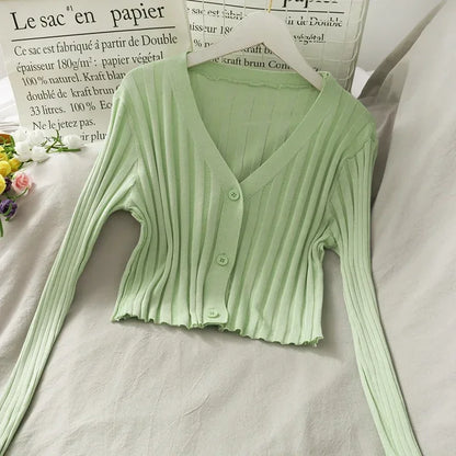 Women's Acrylic Long Sleeve V-Neck Button-Down Slim Cropped Ribbed Knit Cardigan Thin Solid Stretch Crop Top Knitwear