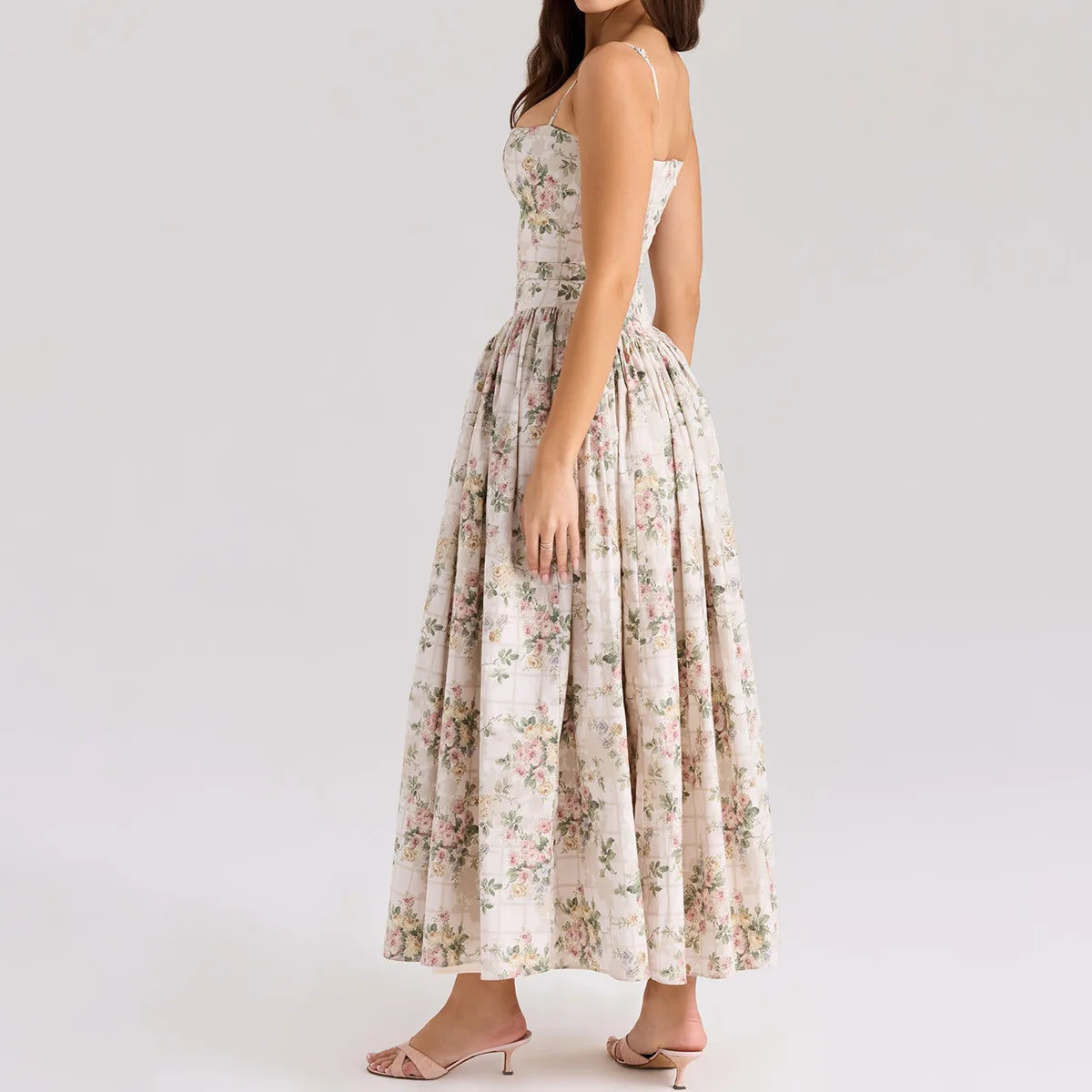 Summer Midi Dress - Women's Floral Print Elegant Camisole Fit and Flare Holiday Dress