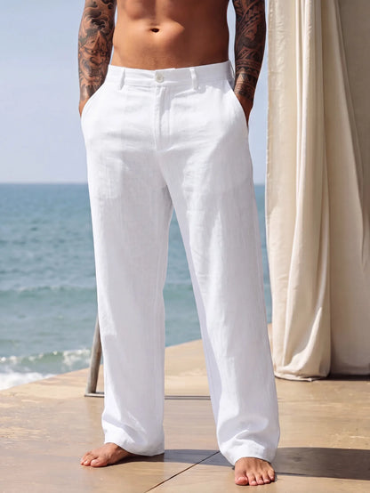 New Men Cotton Linen Pants Summer and Autumn Solid High Waist Wide-Leg Trousers Male Loose Hemp Casual Breathable Sports Pants