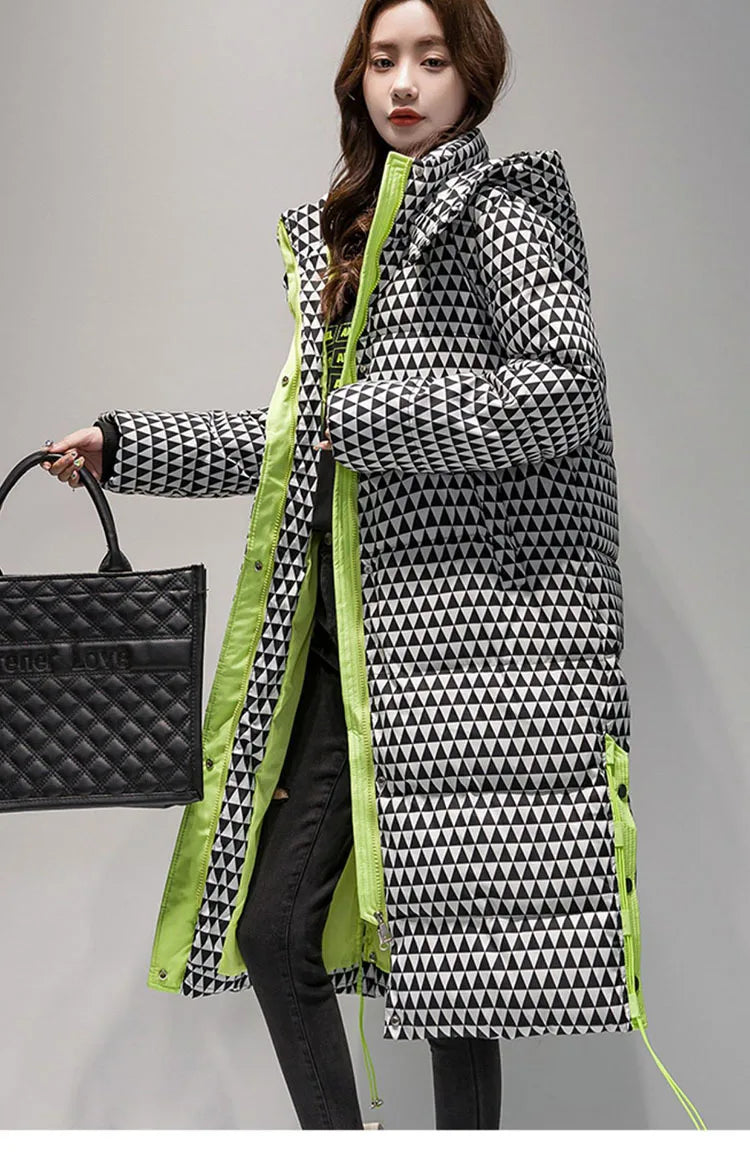 2023 Winter Warm  Plaid Long  Coat Women ' s Fashion Thicken Hooded Puffer Jacket Female Windproof Warm Outwear