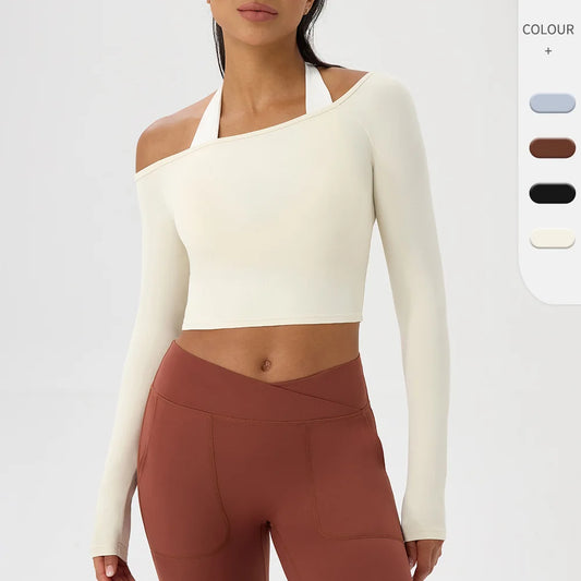 Women's Yoga Shirt - Long Sleeve One Shoulder Tight Fit Workout Top | Quick Drying
