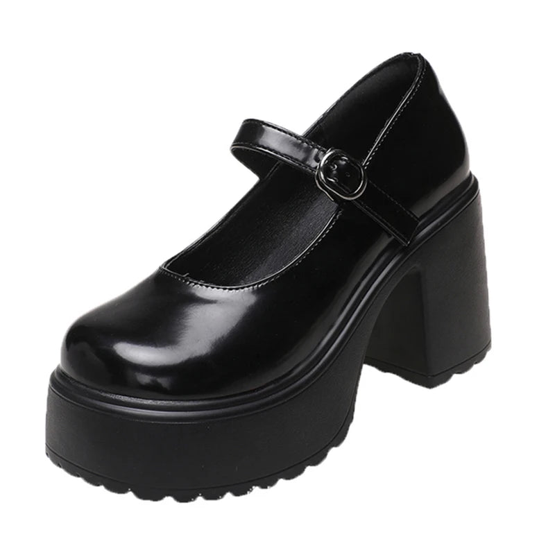 Black Chunky Platform Pumps - Mary Jane Shoes With Square Heel & Ankle Buckle